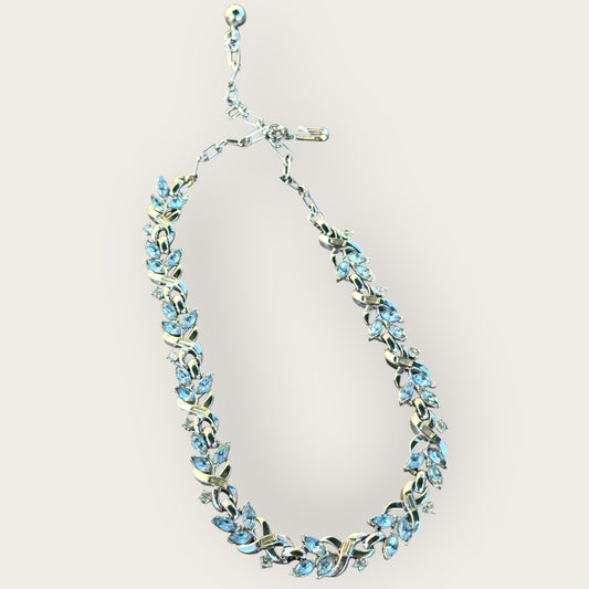 Vintage Crown Trifari Silver and Gold-Tone Necklace with Light Blue Rhinestones – Signed Adjustable Mid-Century Jewelry