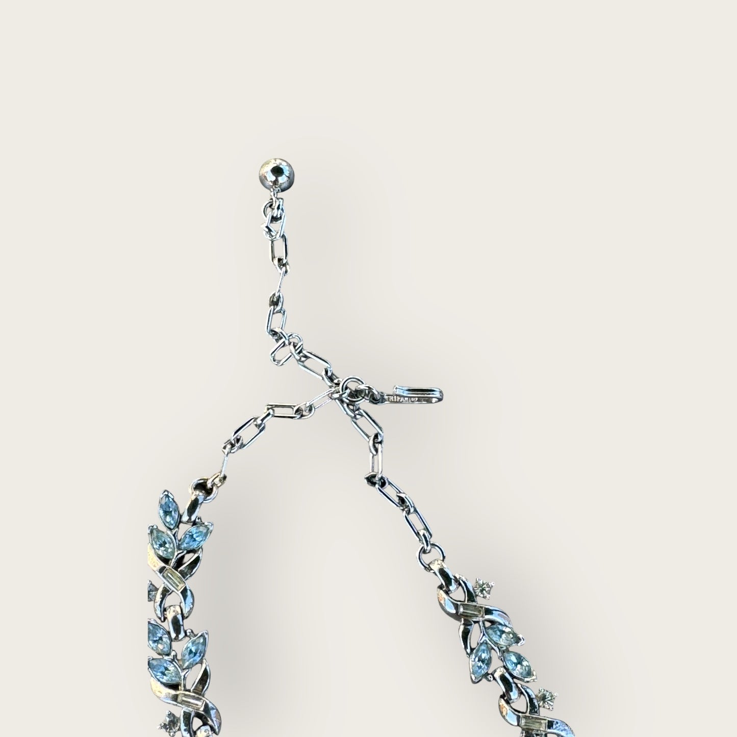 Vintage Crown Trifari Silver and Gold-Tone Necklace with Light Blue Rhinestones – Signed Adjustable Mid-Century Jewelry