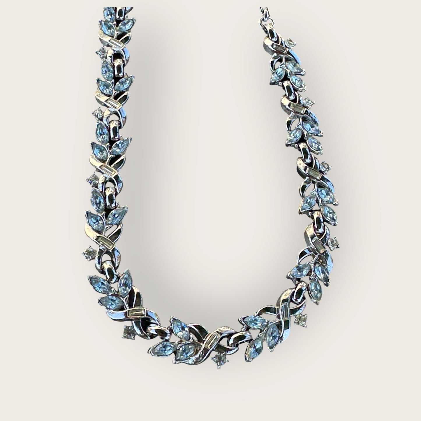 Vintage Crown Trifari Silver and Gold-Tone Necklace with Light Blue Rhinestones – Signed Adjustable Mid-Century Jewelry