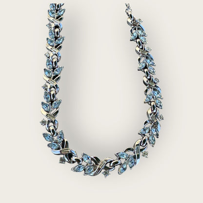 Vintage Crown Trifari Silver and Gold-Tone Necklace with Light Blue Rhinestones – Signed Adjustable Mid-Century Jewelry