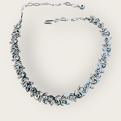 Vintage Crown Trifari Silver and Gold-Tone Necklace with Light Blue Rhinestones – Signed Adjustable Mid-Century Jewelry