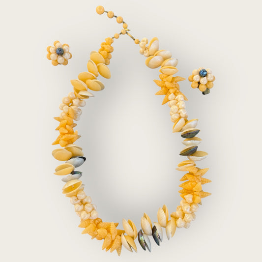 Vintage West Germany Yellow Shell Necklace and Earrings Set – Signed Mid-Century Coastal Jewelry