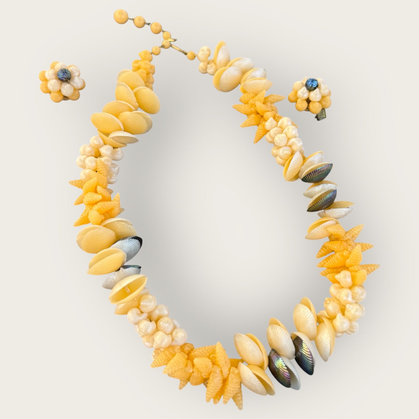 Vintage West Germany Yellow Shell Necklace and Earrings Set – Signed Mid-Century Coastal Jewelry