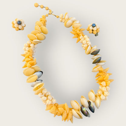 Vintage West Germany Yellow Shell Necklace and Earrings Set – Signed Mid-Century Coastal Jewelry