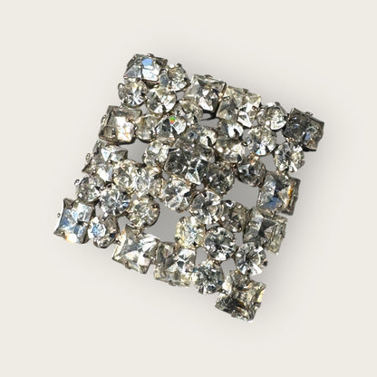 Vintage Mid-Century Domed Square Rhinestone Brooch – Heavy Sparkling 2-Inch Statement Pin