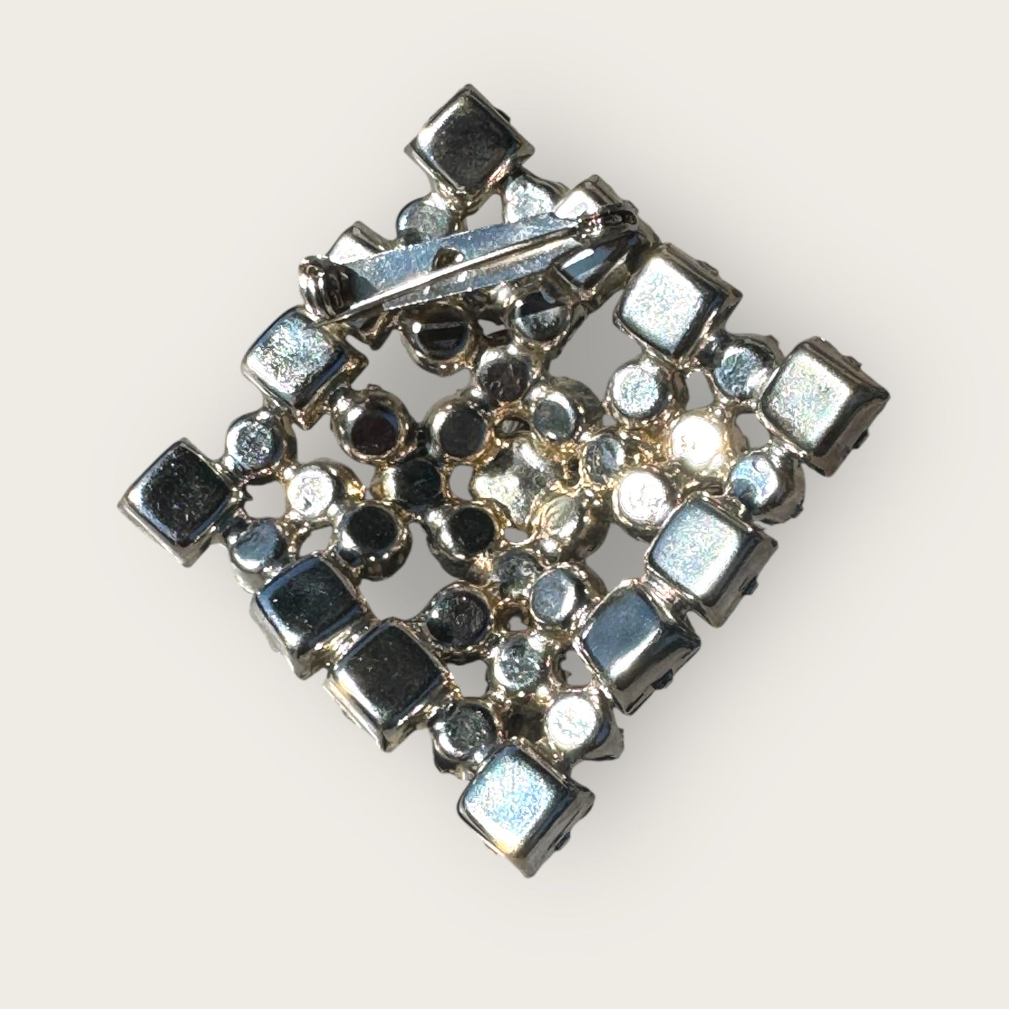 Vintage Mid-Century Domed Square Rhinestone Brooch – Heavy Sparkling 2-Inch Statement Pin