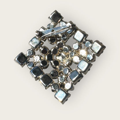 Vintage Mid-Century Domed Square Rhinestone Brooch – Heavy Sparkling 2-Inch Statement Pin