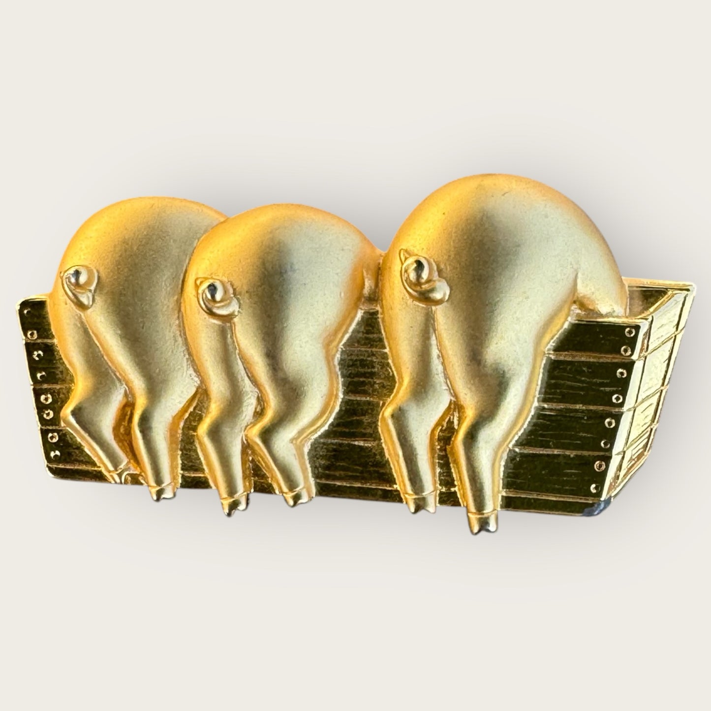 Vintage JJ Signed Three Pigs at Trough Brooch – Gold-Tone Figural Pin