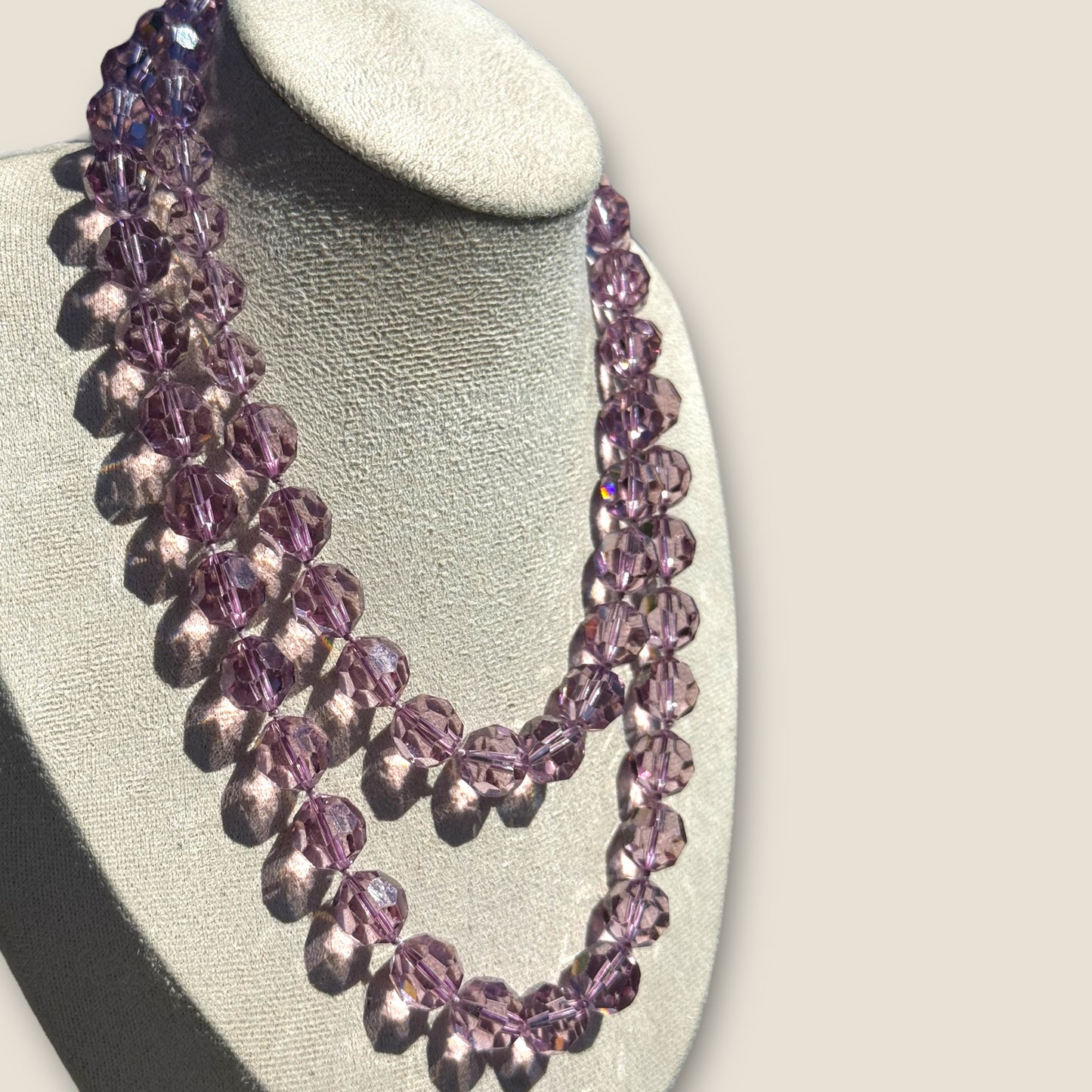 Vintage Lavender Crystal Bead Necklace with Sterling Silver Filigree Clasp