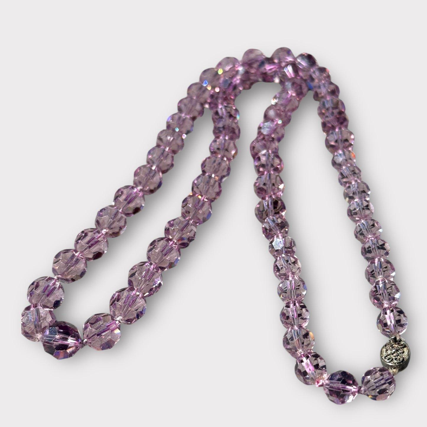 Vintage Lavender Crystal Bead Necklace with Sterling Silver Filigree Clasp