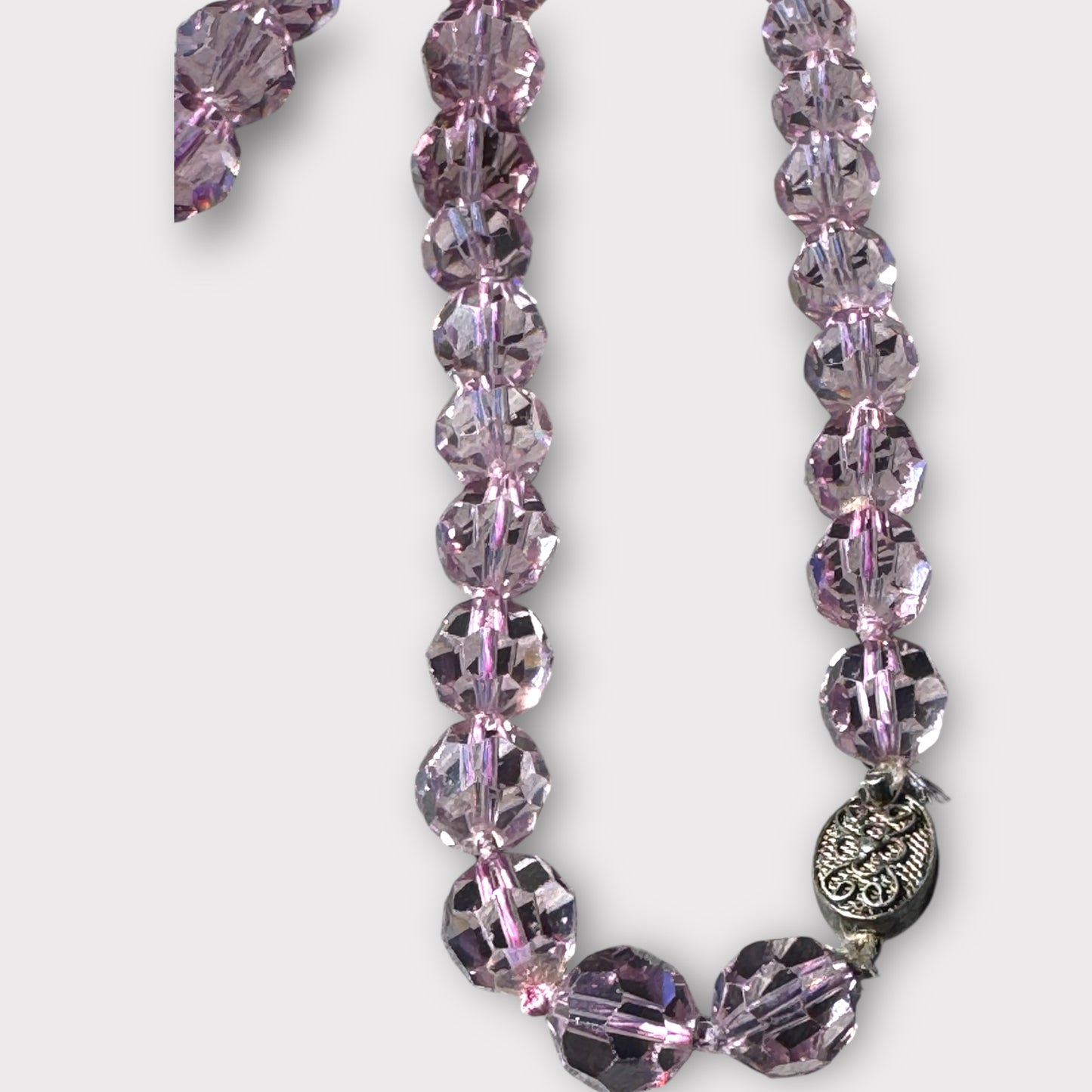 Vintage Lavender Crystal Bead Necklace with Sterling Silver Filigree Clasp