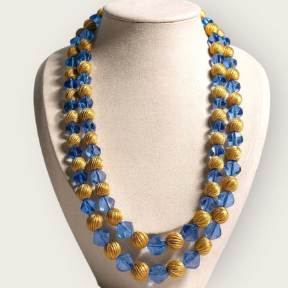 Vintage Double Strand Blue Crystal and Gold Swirl Bead Necklace with Push Lock Clasp