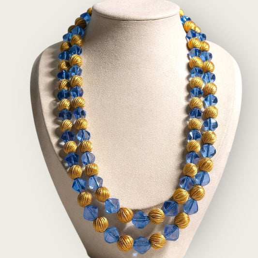 Vintage Double Strand Blue Crystal and Gold Swirl Bead Necklace with Push Lock Clasp