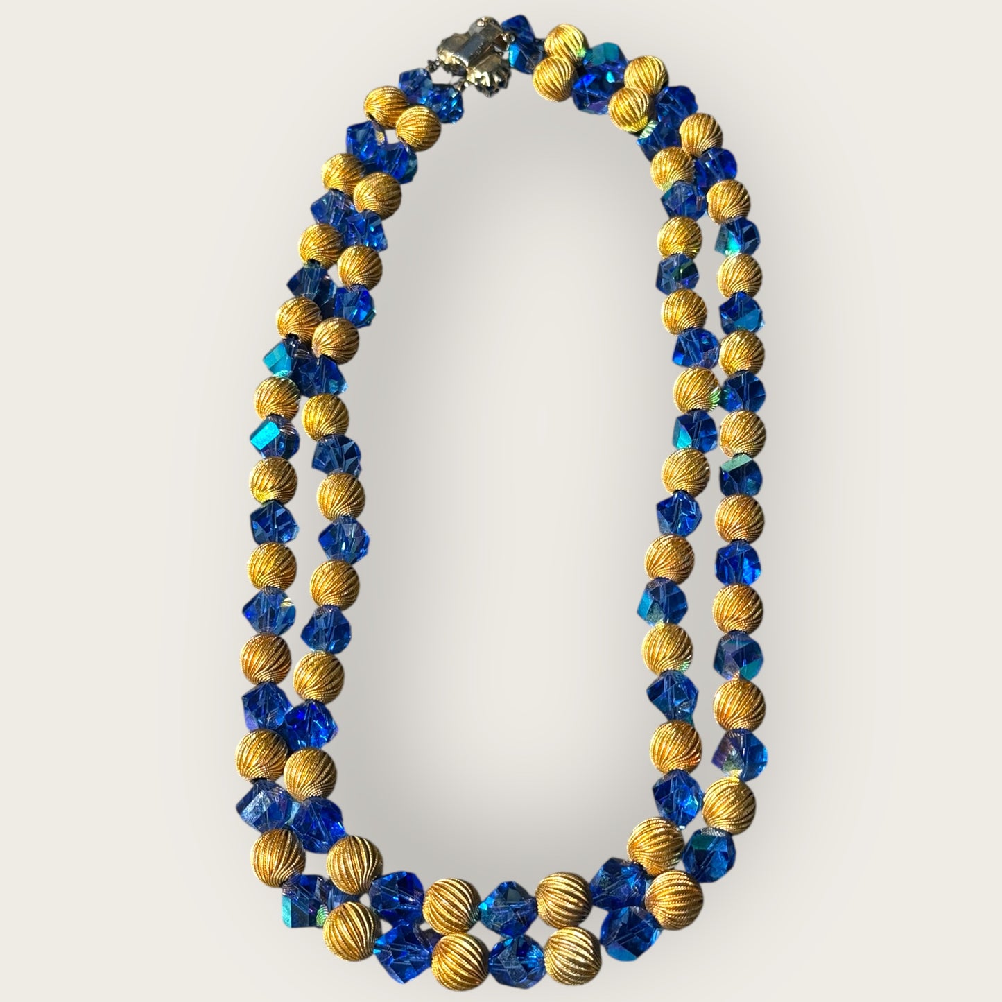 Vintage Double Strand Blue Crystal and Gold Swirl Bead Necklace with Push Lock Clasp