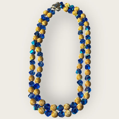 Vintage Double Strand Blue Crystal and Gold Swirl Bead Necklace with Push Lock Clasp