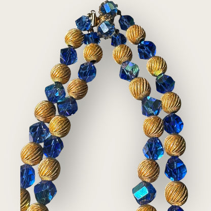 Vintage Double Strand Blue Crystal and Gold Swirl Bead Necklace with Push Lock Clasp