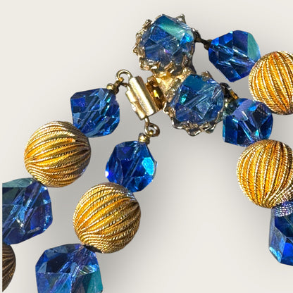 Vintage Double Strand Blue Crystal and Gold Swirl Bead Necklace with Push Lock Clasp