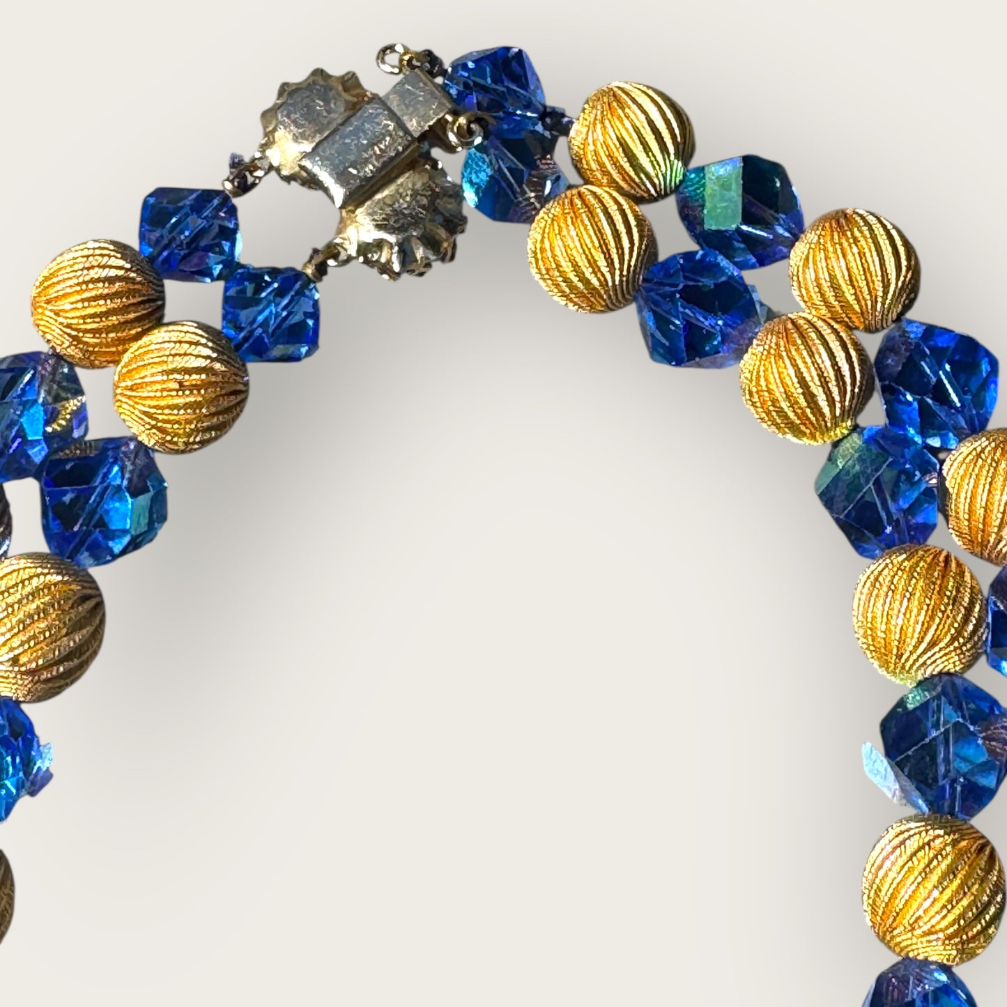 Vintage Double Strand Blue Crystal and Gold Swirl Bead Necklace with Push Lock Clasp