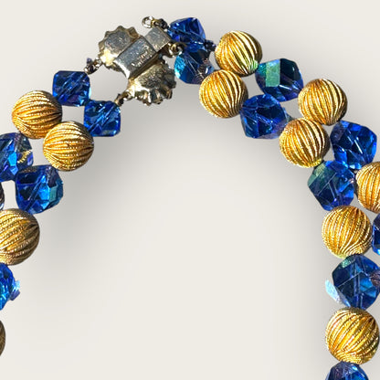 Vintage Double Strand Blue Crystal and Gold Swirl Bead Necklace with Push Lock Clasp