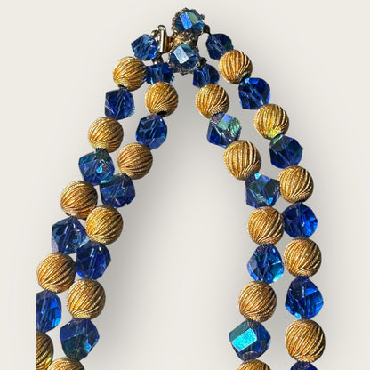 Vintage Double Strand Blue Crystal and Gold Swirl Bead Necklace with Push Lock Clasp