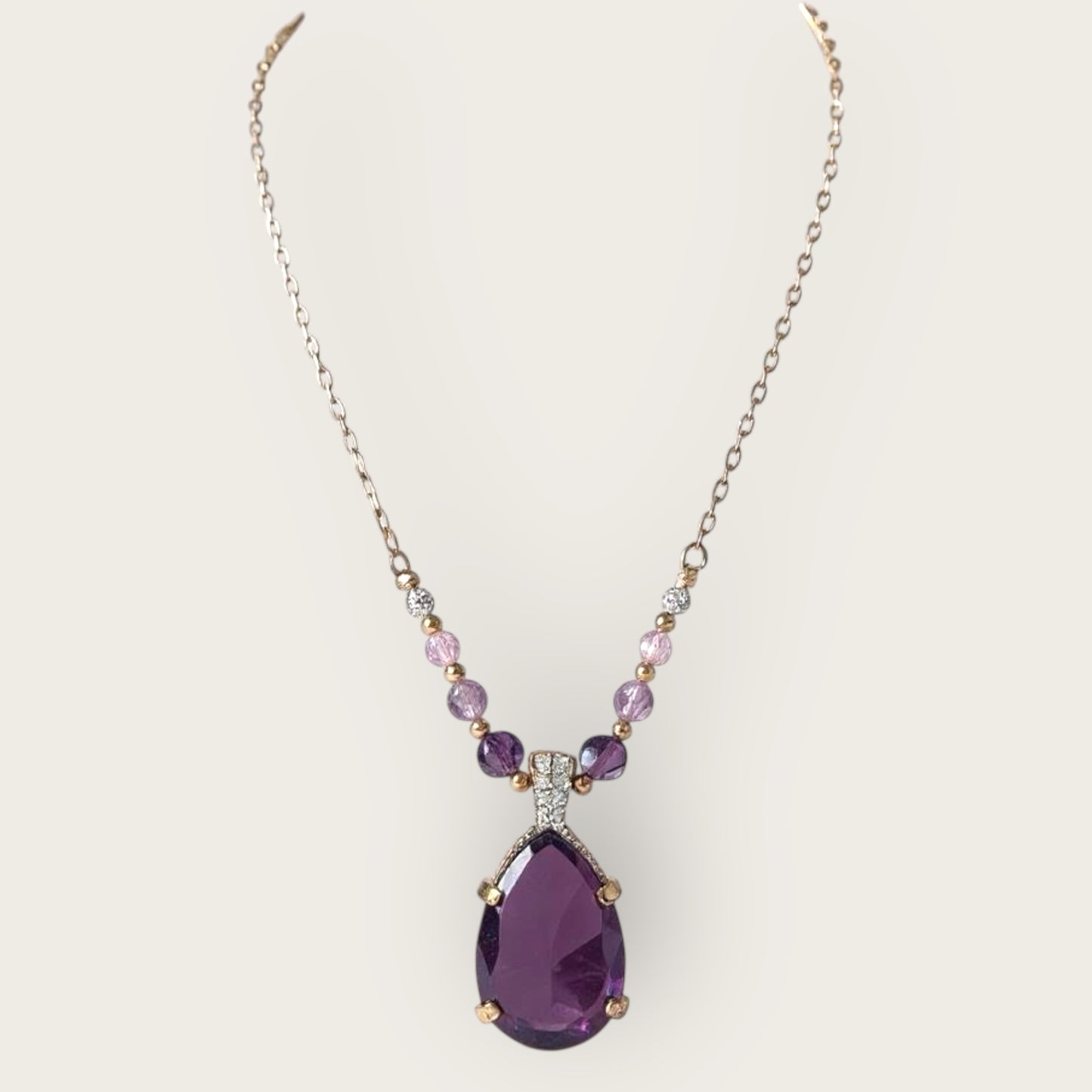 Swarovski Amethyst Crystal Pendant Necklace in Gold Tone with Lavender and Pink Beads, Signed Swan Logo
