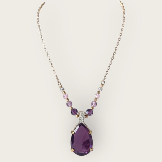 Swarovski Amethyst Crystal Pendant Necklace in Gold Tone with Lavender and Pink Beads, Signed Swan Logo