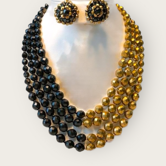 Signed Miriam Haskell Black & Gold Glass Bead Set | 1950s Demi-Parure | Private Collection