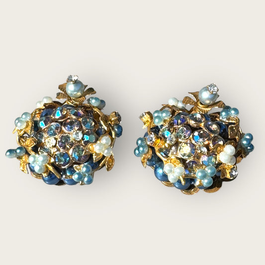 Vintage 1950s Clip-On Earrings in Miriam Haskell or Robert Style – Blue AB Rhinestones, Faux Pearls, Gold Tone Floral Design