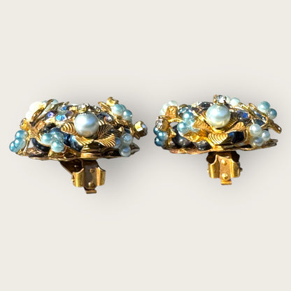 Vintage 1950s Clip-On Earrings in Miriam Haskell or Robert Style – Blue AB Rhinestones, Faux Pearls, Gold Tone Floral Design