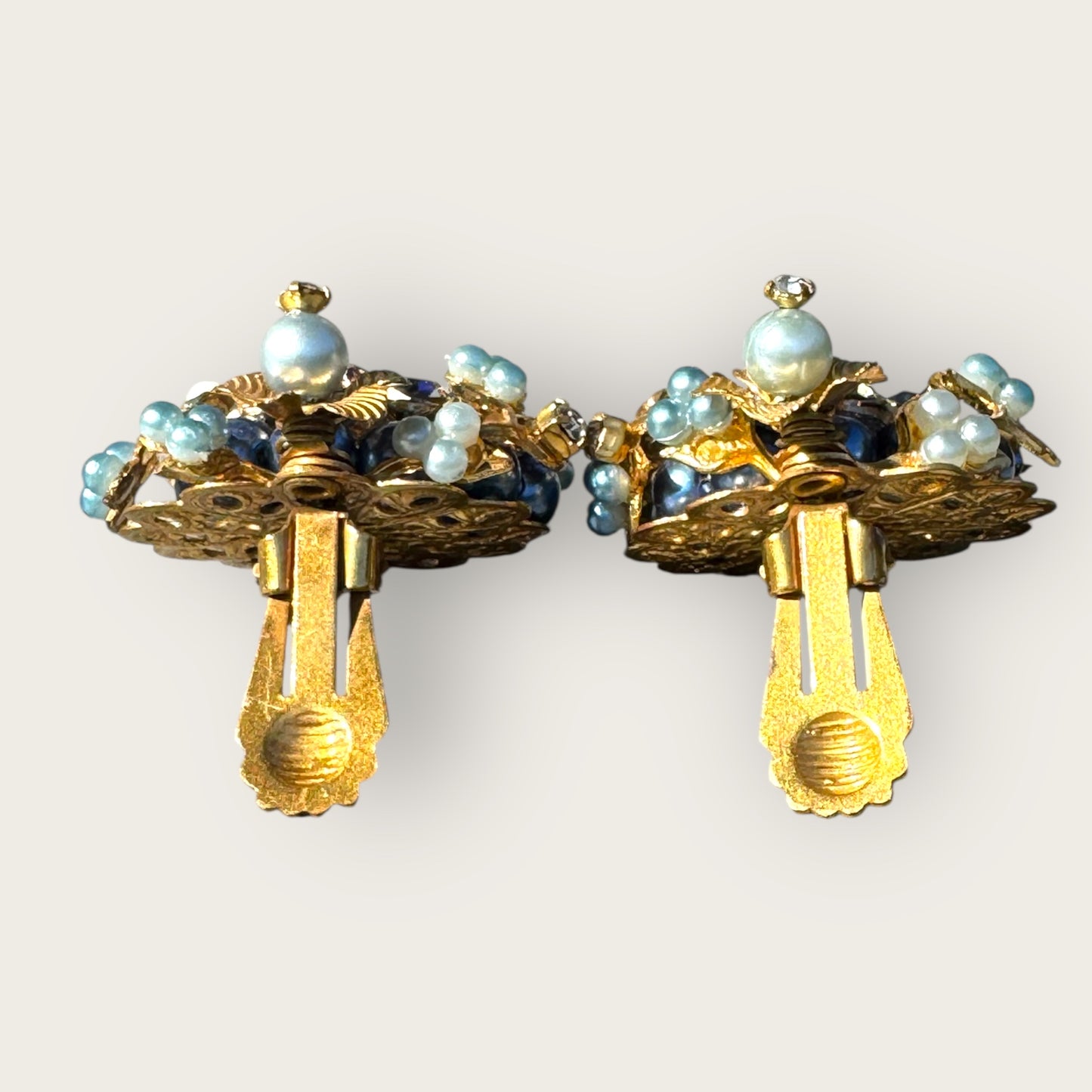 Vintage 1950s Clip-On Earrings in Miriam Haskell or Robert Style – Blue AB Rhinestones, Faux Pearls, Gold Tone Floral Design