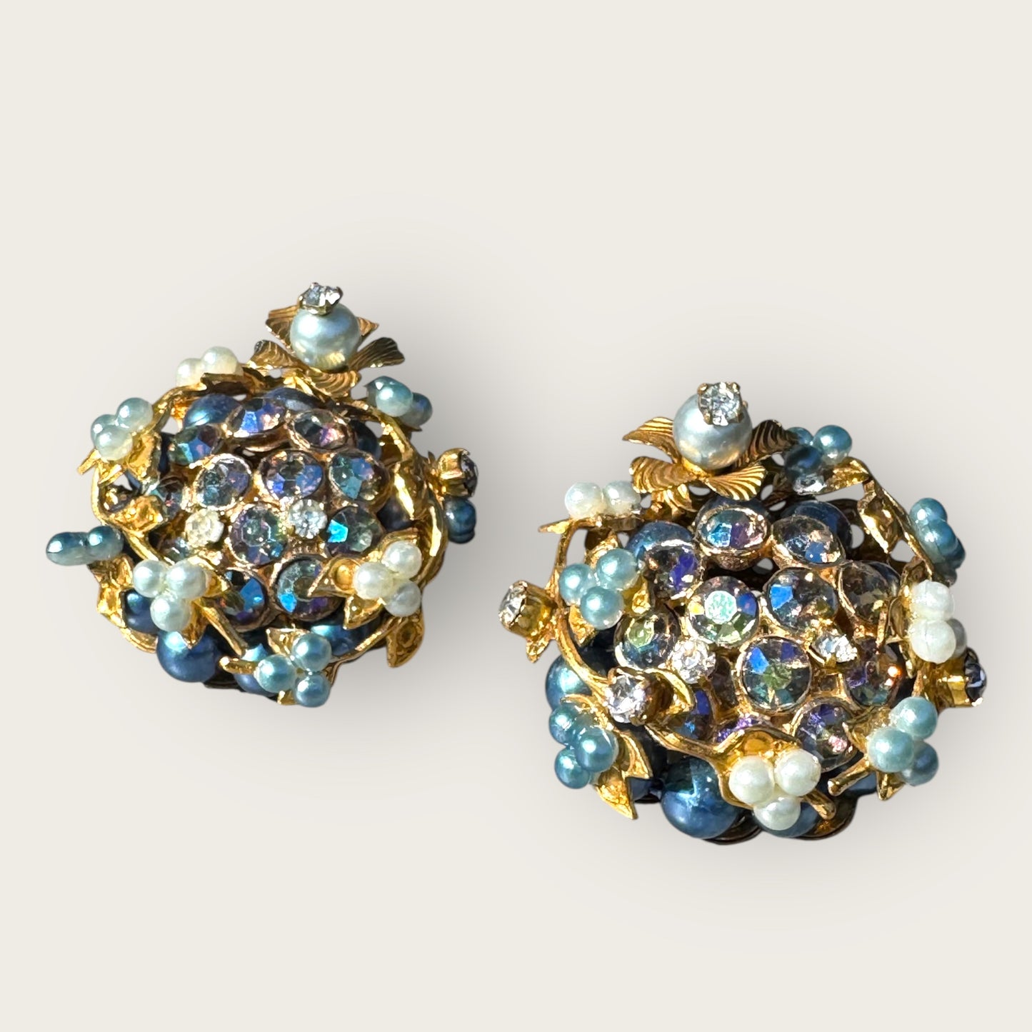Vintage 1950s Clip-On Earrings in Miriam Haskell or Robert Style – Blue AB Rhinestones, Faux Pearls, Gold Tone Floral Design
