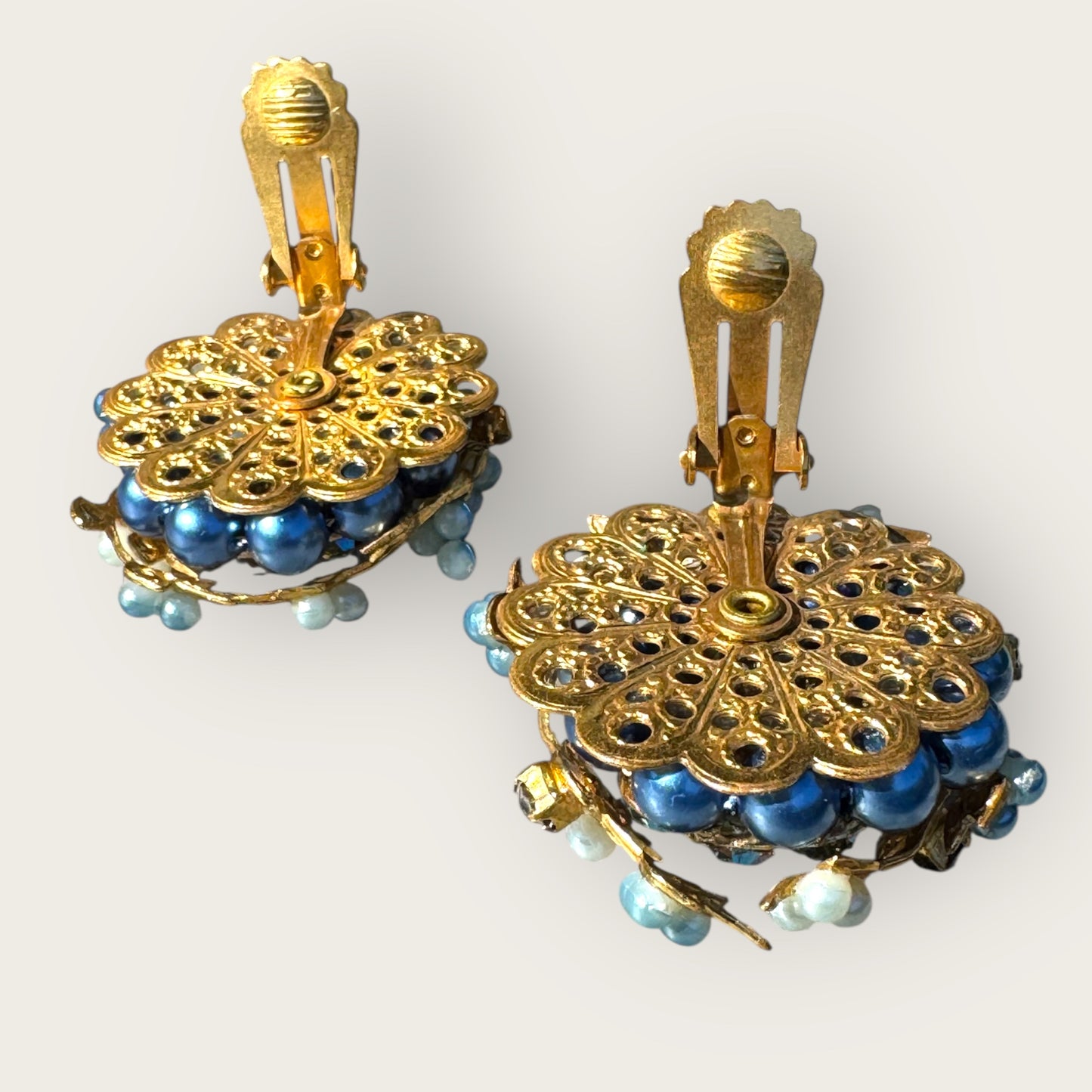 Vintage 1950s Clip-On Earrings in Miriam Haskell or Robert Style – Blue AB Rhinestones, Faux Pearls, Gold Tone Floral Design