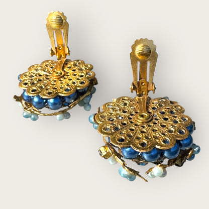 Vintage 1950s Clip-On Earrings in Miriam Haskell or Robert Style – Blue AB Rhinestones, Faux Pearls, Gold Tone Floral Design