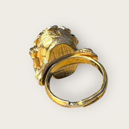 Vintage Sarah Coventry Adjustable Perfume Ring – Green Cabochon, Gold Tone Filigree, Secret Locket Design