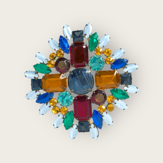 Vintage Albert-Style Multicolor Rhinestone Statement Brooch – 1960s Layered Glass Pin