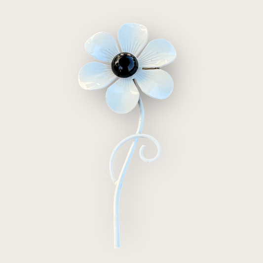 Vintage Signed Weiss 1950s–60s White Enamel Flower Brooch with Black Center – Large 4.25 Inch Metal Pin