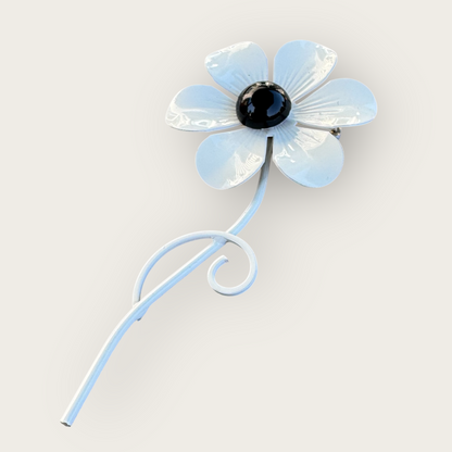 Vintage Signed Weiss 1950s–60s White Enamel Flower Brooch with Black Center – Large 4.25 Inch Metal Pin