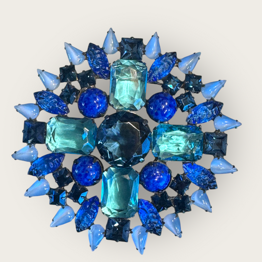 Vintage Signed Albert Starburst Brooch – Multi-Tone Blue Glass Rhinestones – Heavy Metal Statement Pin
