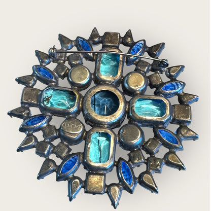 Vintage Signed Albert Starburst Brooch – Multi-Tone Blue Glass Rhinestones – Heavy Metal Statement Pin