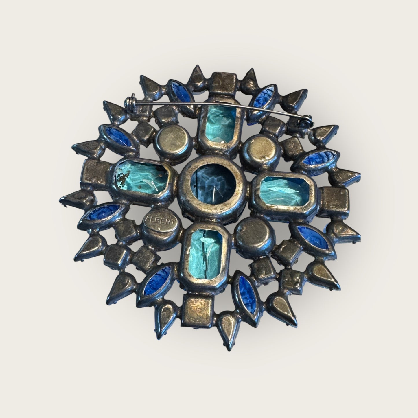 Vintage Signed Albert Starburst Brooch – Multi-Tone Blue Glass Rhinestones – Heavy Metal Statement Pin