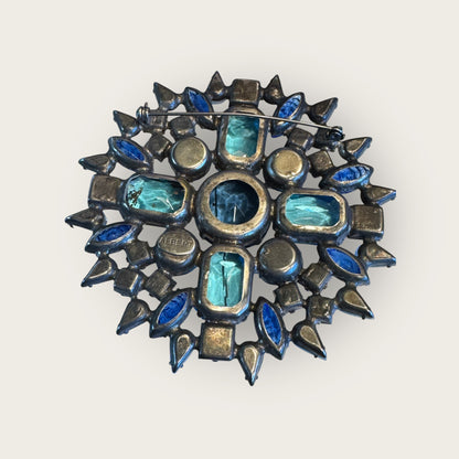 Vintage Signed Albert Starburst Brooch – Multi-Tone Blue Glass Rhinestones – Heavy Metal Statement Pin