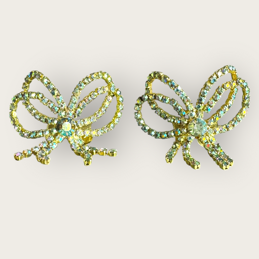 Vintage MUSI Gold Tone Aurora Borealis Rhinestone Bow Shoe Clips