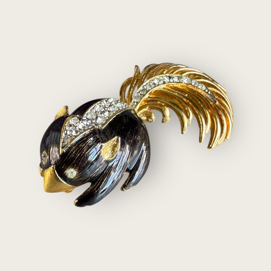 Vintage Signed Boucher Black Enamel Rhinestone Skunk Brooch