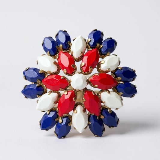 Vintage Red, White, and Blue Domed Glass Brooch – Gold Tone Patriotic Pin