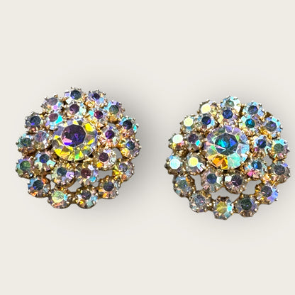 Vintage Aurora Borealis Rhinestone Clip-On Earrings – Gold Tone