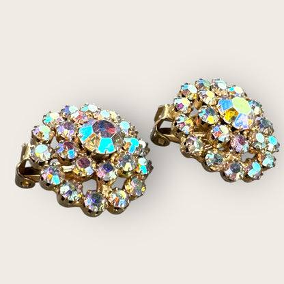 Vintage Aurora Borealis Rhinestone Clip-On Earrings – Gold Tone