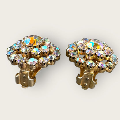 Vintage Aurora Borealis Rhinestone Clip-On Earrings – Gold Tone
