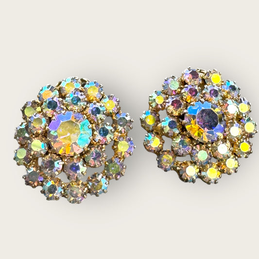 Vintage Aurora Borealis Rhinestone Clip-On Earrings – Gold Tone