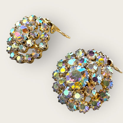Vintage Aurora Borealis Rhinestone Clip-On Earrings – Gold Tone