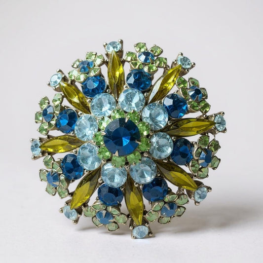 Vintage Layered Domed Starburst Rhinestone Brooch with Uranium Glass  Silvertone